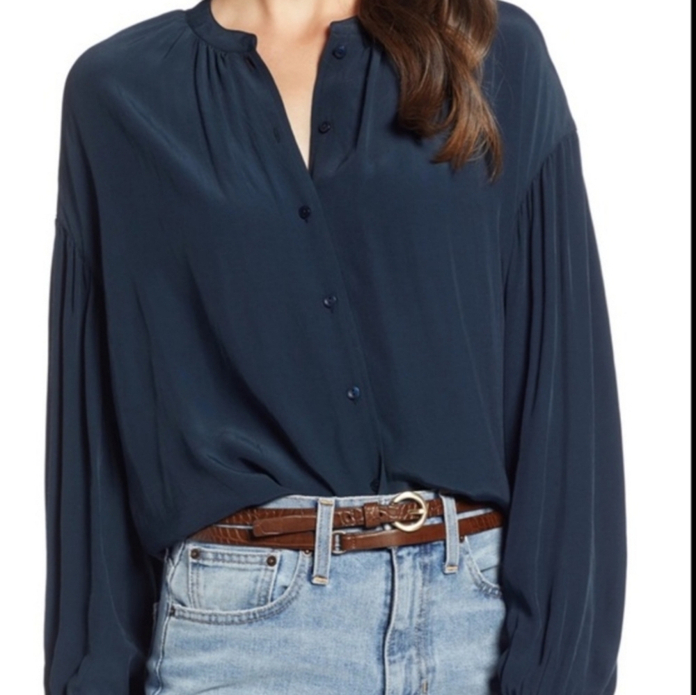 Something Navy Viscose Blouse Small EUC